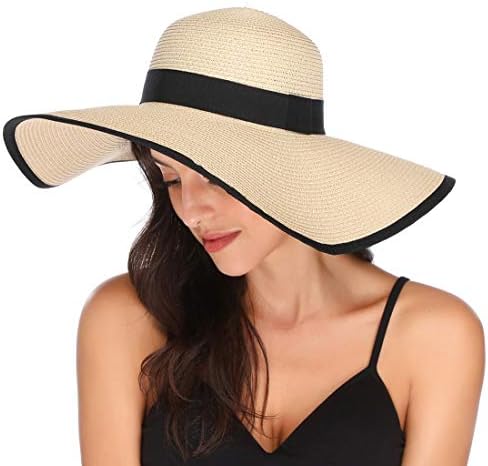 Lanzom Womens Wide Brim Straw Hat Floppy Foldable Roll up Cap Beach Sun Hat UPF 50+