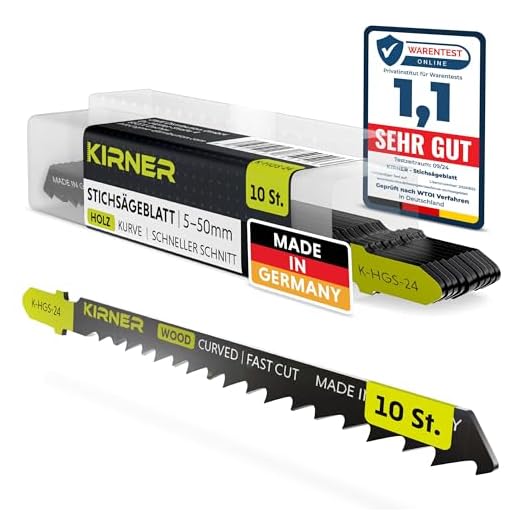 KIRNER Stichsägeblätter Holz 10 Stk [ bis zu 5x mehr Schnitte ] extrem schneller & grober Kurvenschnitt (5-50mm) in Holz & Kunststoff - für alle T-Schaft-Stichsägen - Stichsägeblatt Kurvenschnitt