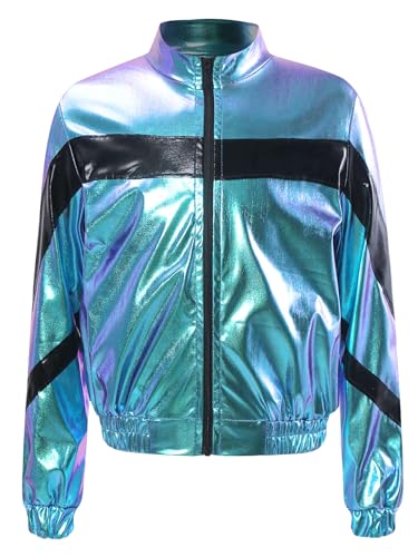 TiaoBug Kids Girls Shiny Metallic Bomber Jacket Long Sleeve Zipper Coat Motorcycle Baseball Windbreaker Outerwear