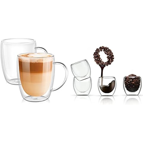 PunPun Bundle: 12.9.oz Coffee Mugs (Set of 2) & 2.7oz. Shot Espresso Glasses (Set of 4) Double Wall Insulated Glass Cups,Handblown Glass Cups Cover
