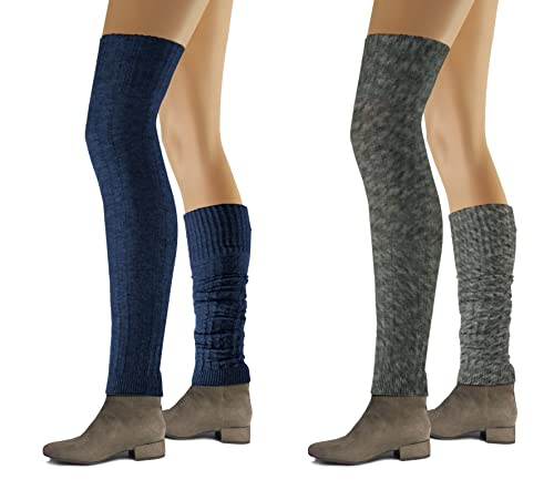 Sesto Senso 2-pack långa benvärmare för kvinnor över knät bomullsväv stickad, Fläta: Mörk melange + mörkblå, en storlek