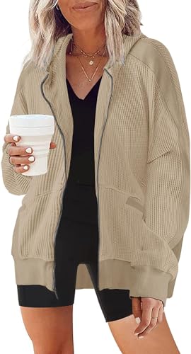 Image of Womens Fashion Zip Up Hoodies Oversized Waffle Knit Jacket Shirts Long Sleeve Solid Shacket Blouse with Pockets