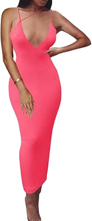 PRIMODA Women's Sexy Neon Asymmetrical Spaghetti Strap Dress Deep V-Neck Sleeveless Bodycon Midi Club Dress