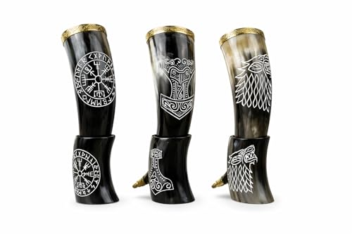 Tatla Wikinger Hornbecher aus echtem Naturhorn mit Gravur inkl Ständer 350-400 ml Met Bier Becher für LARP Mittelalter Reenactment rustikaler Trinkbecher Viking Geschenk (1x Fenrir)