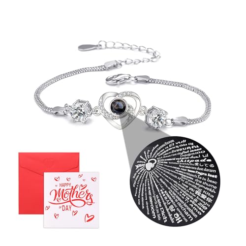 PopTopping Heart Charm Bracelet 100 Languages I Love You With Mother's Day Cards For Mom, Mothers Day Gift