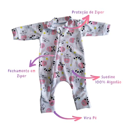 Macacões de Bebê Ziper Estampados, Kit com 3 peças - 100% Algodão Suedine (P)