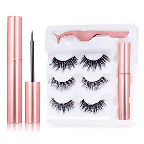 Magnetic Eyeliner and Lashes 3 Pairs,5 Magnets 3D Magnetic Natural False Eyelashes,No Glue Reusable Silk False Lashes with Eyelash Tweezer (Gold)