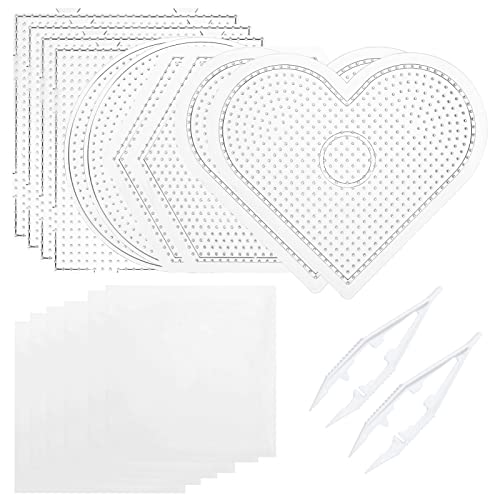 dedoot - Tableros de cuentas Perler, 18 piezas de 5 mm, tableros cuadrados de plástico transparente con diseño de cuentas Perler (10 tablas + 6 papeles de planchado + 2 pinzas de cuentas) para cuentas