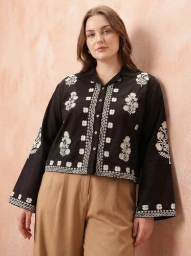 Image of Bee M Pee Designer Women's Embroidered Korean Crop Shirt | Full Bell Sleeves Western Tops for Woman Stylish | Oversized Formal /Casual /Office Wear Cotton Shirts Top for Women