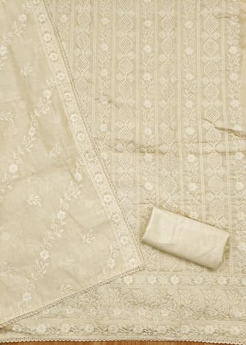 Image of Pandadi Saree Women's Elegant Lucknowi Work with Modal Cotton Chanderi and Embroidered Dupatta Unstitched Dress Material