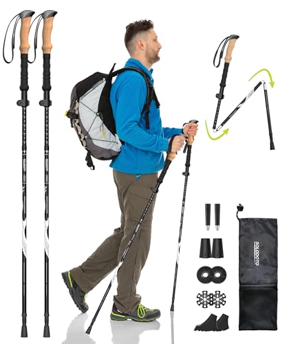 SOLODOTO 7075 Hiking Poles Collapsible Lightweight, Aircraft-Grade Aluminum Trekking Poles, Adjustable Hiking Sticks with Cork Grip, Folding Walking Sticks for Women Men Seniors, 2PC, Black