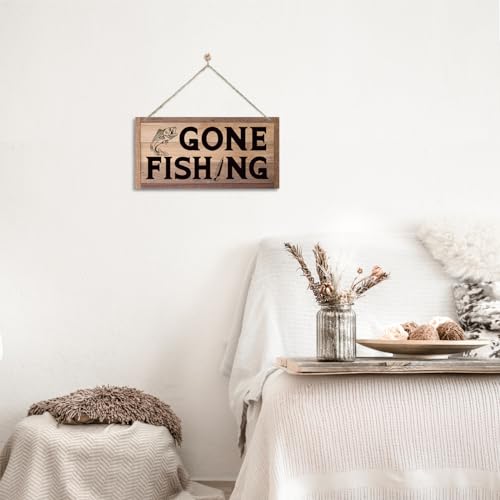 Letrero de madera Gone Fishing para pared de casa de lago rustica 6