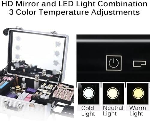 Miniatura 2 de Maletín De Maquillaje Con Ruedas, Espejo Y Luces. Maletín Grande para Maquilladores Profesionales, Esteticistas Y Técnicos De Uñas. Talla A, 22