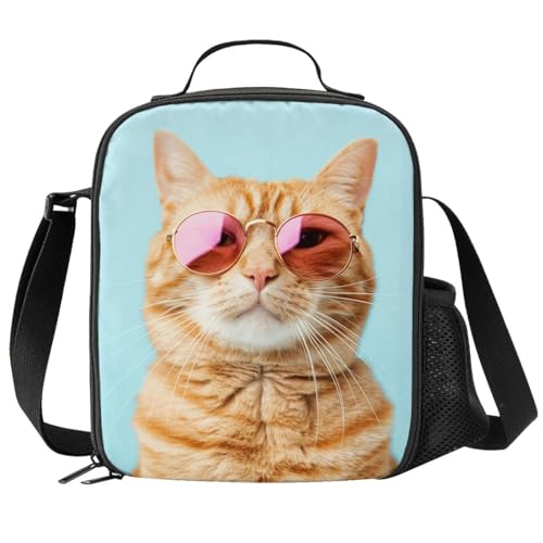 PrelerDIY Sunglasses Cat Lunch Box - Insulated Lunch Box for Kids Funny 3D Design with Side Pocket & Shoulder Strap Lunch Bag Perfect for School/Camping/Hiking/Picnic/Beach/Travel