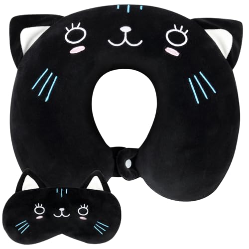 Alaoo Cuscino da Viaggio per Bambini, Cuscino Portatile per il Collo dei Bambini, Cuscino Da Viaggio Memory Foam Per Bambini, Con Benda sull'occhio, per il Collo per Auto,Aereo,Ufficio(Gatto nero)