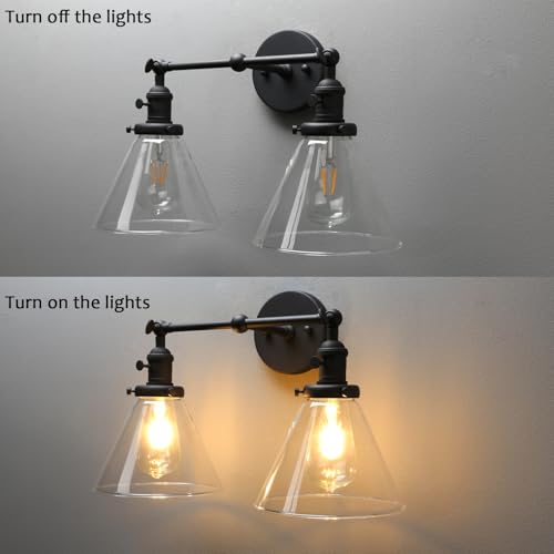 Image of PERMO Double Sconce Vintage Industrial 2-Lights Sconce Matte Black Antique Wall Sconces with Funnel Flared Glass Clear Glass Shade Vanity Light for Bathroom