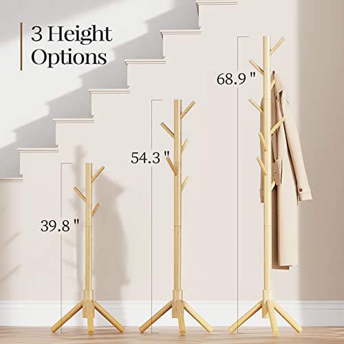 Pipishell Coat Rack Sturdy Wooden Coat Rack Stand, Adjustable Coat Tree, Free Standing Tree Hanger With 4 Sections & 8 Hooks, For Home/Bedroom/Office/Hallway/Entryway #TOP2