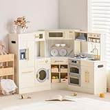 ROBUD Wooden Play Kitchen Set, Pretend Play Corner Kitchen, Kids Kitchen Playset with Lights & Sounds, Toy Kitchen with Refrigerator, Laundry Playset, Oven and Storage Cabinet, Gift for Boys Girls, 3+
