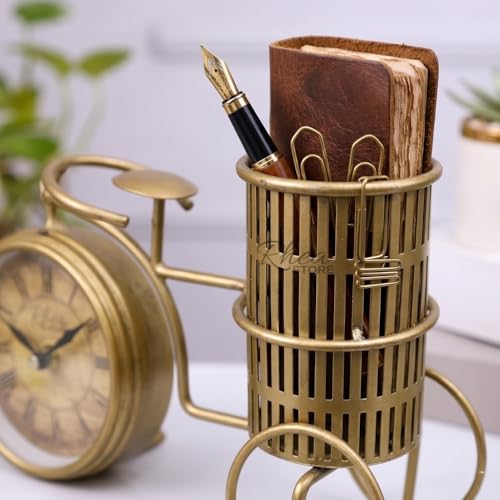 Image of Cycle Pen Stand - Golden Metal Showpiece with Clock and Pen Stand