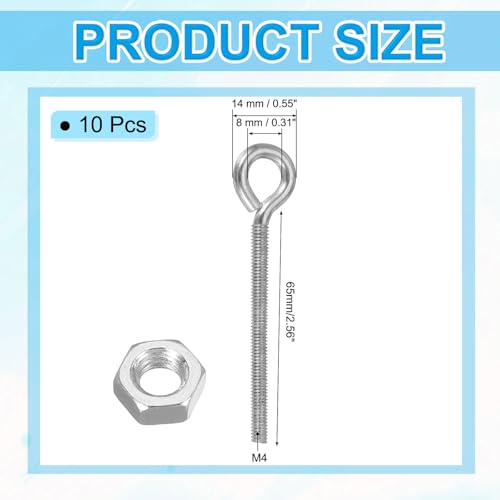Image of PATIKIL M4x50mm Eye Bolts, 10 Pcs Carbon Steel Threaded Eyebolt Eye Hooks Screws with Nut for Hanging or Securing Cables Silver
