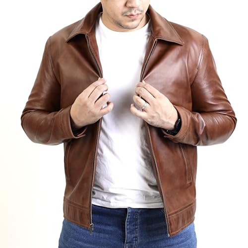 Image of Jild Polo Collar Premium Leather Jacket Men - Old School Classic Style Everyday Wear Real Lambskin Mens Leather Jacket
