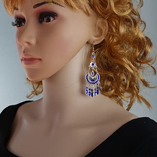 Vintage Crystal Fan Drop Earrings Bohemian Rhinestone Moon Shape Long Tassel Dangling Statement Earring For Women Girls Fashion Jewelry Accessories Gift (Royal Blue) #TOP4