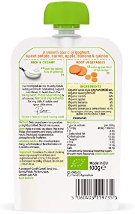 Little Freddie, Stage 1 from months pouches, Little Freddie Organic Baby Food - Sweet Potato & Carrot Greek Style Yoghurt Pouch , 100 gram, (Pack of 6)