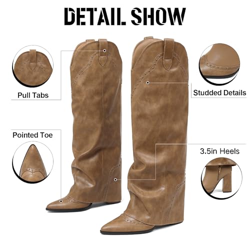 Image of EQAUDES Knee High Boots for Women Tall Cowboy Cowgirl Fold Over Shark Boots | Snip Toe, 3.5'' Block Heel, Hidden Zipper, Studded Desgin, Festival Boots, Slouch Boots for Party, Travel and Formal Outfits