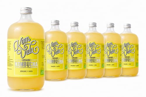 Komvida Kombucha Pack 6x750ml - Bebida Ecológica de Té fermentado, Probióticos Naturales, Sin Azúcares Añadidos - Sabor Limón con jengibre
