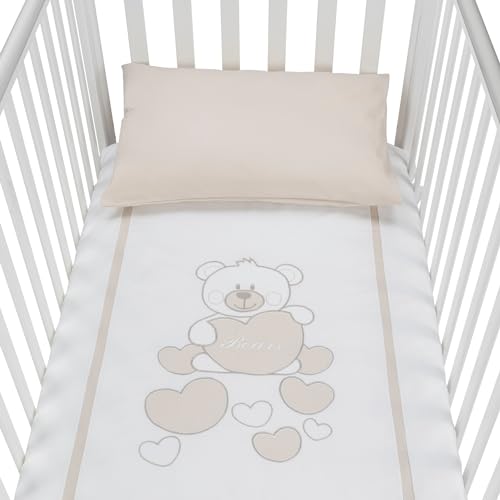 baby idea Babysanity Piumino Lettino Neonato Ricamato Completo Federa e Copripiumino e Lenzuolino con Angoli Sfoderabile Senza Paracolpi Lettino - Made in Italy- (Orsetto Cuore Beige)