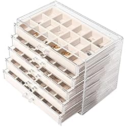 Cajones Con Joyeros Nideen Joyero de acrílico con 5 cajones, almacenamiento de pendientes, organizador de joyas, organizador para pendientes, anillos, organizadores de joyas (beige)
