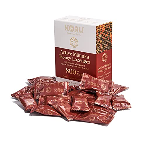 KORU ACTIVE MANUKA - HONIG LUTSCHBONBONS MGO 800+ (UMF 20+) mit natürlichen Extrakten von Propolis und Traubenkernen aus Neuseeland / 24 Lutschbonbons ohne Zucker Aus 90% Premium Manuka Honig