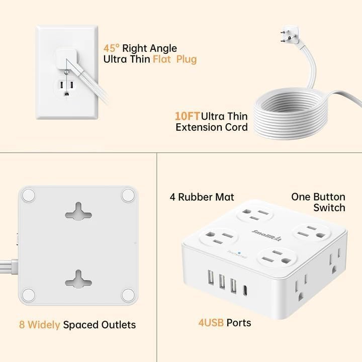 Miniatura 6 de Regleta de alimentación de 10 pies con protector de sobretensión, 8 tomas, 4 puertos USB, cable de extensión de enchufe plano, estación de carga