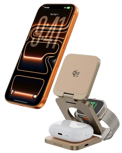 LULULOOK Cargador inalámbrico Qi2.2 de 25W Estación de Carga magnética 3 en 1 para iPhone 17/16/15/14/13/12,Apple Watch,AirPods,Plegable Aluminio Soporte de Carga rápida con Adaptador GAN de 45W