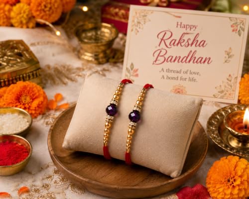 Image of Canfinity Premium Designer Rakhi Set for Brother Pack of 2 | Purple Crystal Beads & Golden Pearl Handmade Rakhi | Traditional Raksha Bandhan Thread Bracelet for Bhai | Fancy Festival Rakhi Gift | Skin Friendly, Lightweight, Comfortable, Durable & Elegant Design for Raksha Bandhan Celebration