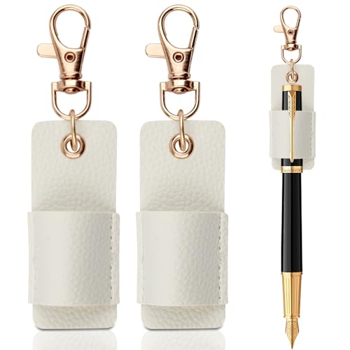 Foyods 2PCS Leather Pen Holder, White PU Leather Pen Holder for Lanyard Anti-Lost, Portable Neck Pen Holder Clip & PU Pen Pouch Holder Pocket Protector for Badge Pen Holder Keychain