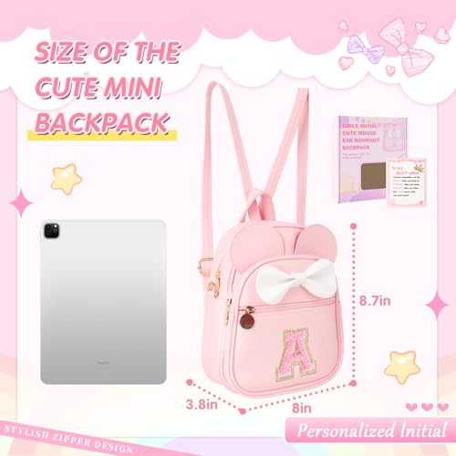 Personalized Toddler Backpack for Girls 3–10, Cute Mini Bowknot Mouse-Ear Toddler Bookbag Crossbody Purse, Small Daypack Wallet Set, Initial Birthday Gift, Trendy Little Kids/Teen Bag(Pink，A)2