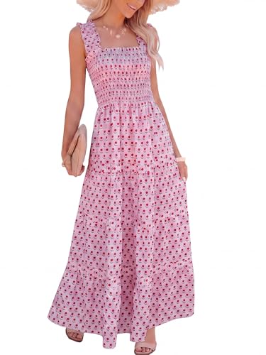 Image of Caracilia Womens Summer Maxi Dresses Floral Smocked Sleeveless Ruffle Boho Casual Flowy Aline Beach Vacation Long Sundress