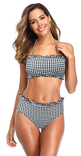 SHEKINI Women s Ruffle Trim Bandeau Bikini Floral Print Two Piece Swimsuits (Lattice Black, Medium)