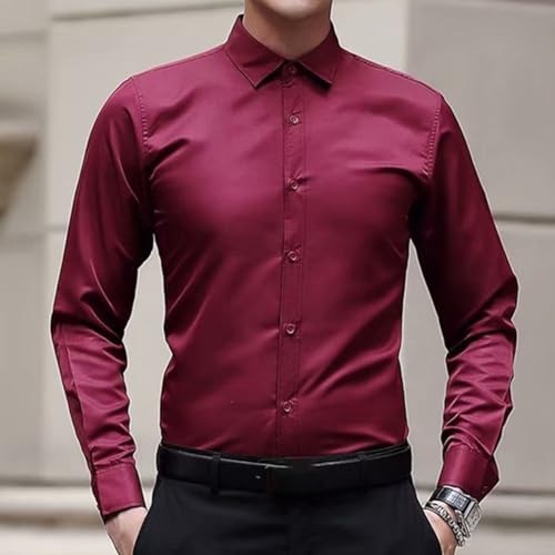 Camisa de manga larga con botones para hombre, resistente a las arrugas, camisa de negocios para trabajo formal y ocasiones sociales (4XL clarete)