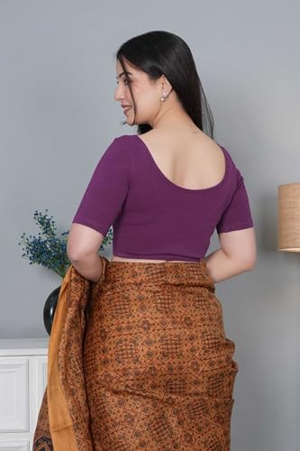 Image of Mlada V-Neck Stretchable Saree Blouse Top for Women | Slim Fit Short Sleeves Solid Cotton Blouses | Readymade Saree Blouses for Women Festive & Ethnic | Blouse Crop Top