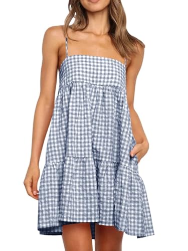 Image of Womens Summer Plaid A-line Sleeveless Casual Flowy Mini Sundress | Spaghetti Strap,Gingham Y2K,Maternity,Vacation,Country Concert,Short Dresses,with Pockets