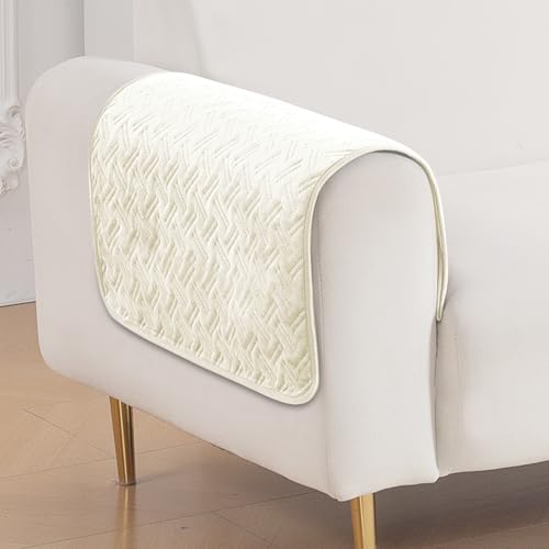 Image of HOKIPO Premium Velvety Quilted Sofa Armrest Covers (Pack of 2)- Anti-Slip, Washable Arm Cover, 'Softline Quilted Series' | Butter Cream (AR-6321-CRM*2)