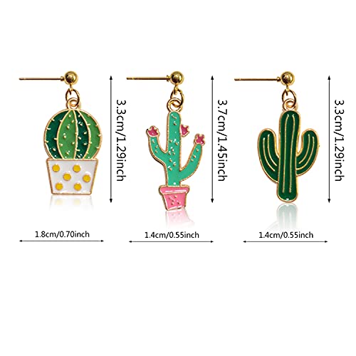 3 Pairs Unique Handmade Lightweight Funny Green Enamel Plant Cactus Dangle Drop Earrings Sets for Women Sweet Creative Potted Plant Stud Earrings2