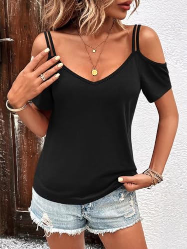 Eachyes Camiseta de verano para mujer, con hombros descubiertos, espalda baja, manga corta, cuello en V, sexy, casual, A0 manga corta, color negro, M