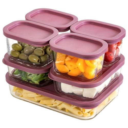 Image of Nestasia Groovo Glass Containers with Lid Set of 7 (310ml x 4, 520ml x 2, 1200ml x 1) - Transparent Stackable Fridge Storage Box, Microwave & Dishwasher Safe (Purple)
