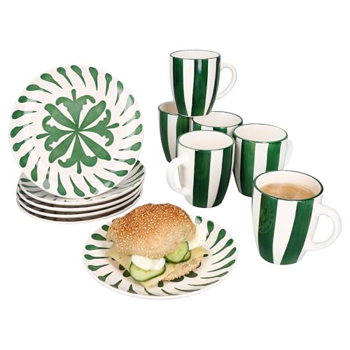 MamboCat Service de petit-déjeuner vert sapin 12 pièces I 6 petites assiettes à petit-déjeuner et 6 tasses à café pour 6 personnes avec branches et rayures I Noël