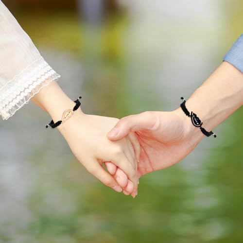 Image of 2pcs Black /Rose Gold Custom Carved Heart-shaped Puzzle Bracelets, Hand Woven Stainless Steel with Zirconia Jewelry for Men and Women, Fashion Couples Promise Bracelets