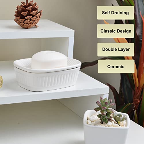 Soap Dish, White Ceramic Double Layer Soap Holder, Bar Soap Holder With Drain, Self Draining Soap Dish For Bathroom Shower Kitchen Sink, Easy To Clean Keeps Soap Dry, Antis's Home #TOP1