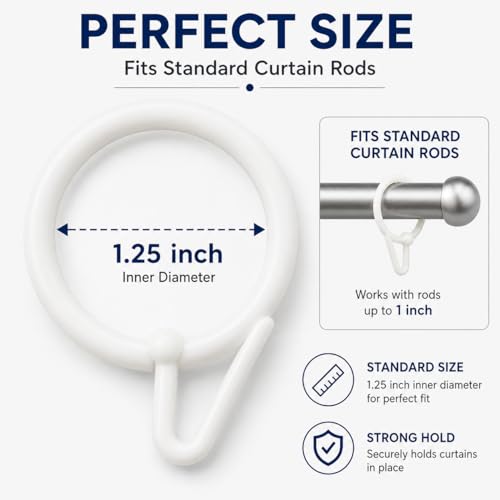 Image of Curtain Rings with Hooks for Windows, Door & Bathroom Curtains - Heavy Duty Plastic, Rustproof, Smooth Sliding - 1.25 Inch, Pack of 100